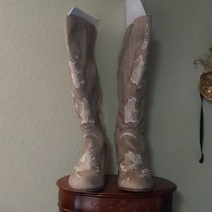 Cream wide calf embroidered boots